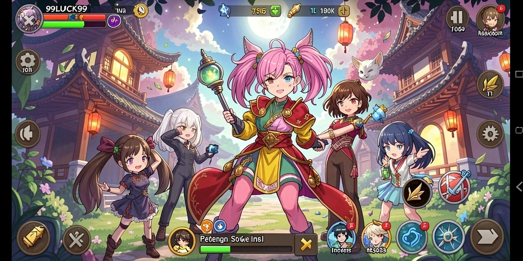 Screenshot gameplay 99LUCK99 dengan karakter anime yang dinamis.